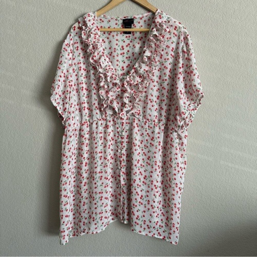 Rare Vintage Torrid Cherry Print Dress - Ruffled Puff Sleeves, Elastic Waist, 4X - Picture 2 of 7